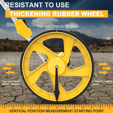 Distance Measuring Wheel With Feet And Inches, 9mm thick rubber wheel showing resistance properties in rugged terrain.