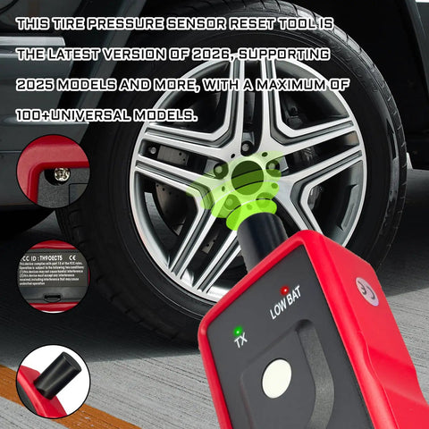 Ford TPMS Relearn Tool for 60 Plus Vehicles Easy Plug In Reset and Activation Device for F Series Trucks Fusion Edge Ranger Transit Explorer Bronco Mustang Hybrid MKZ and More shown next to a Ford wheel