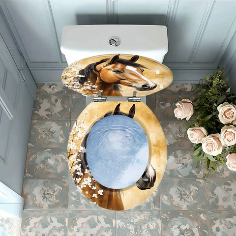 Round Vintage Farmhouse Resin Toilet Seat with horse design, floral accents, and adjustable fittings.