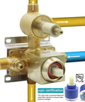 Brushed Gold 3 Way Shower Valve Kit with Concealed Brass Diverter showing NPT connections and CUPC certification details.