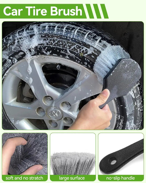 Car tire brush with soft bristles cleaning a tire, featuring no-slip handle, related to 62 Inch Long Handle Car Wash Kit With Microfiber Heads
