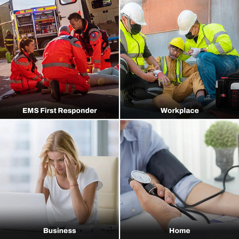 Rhino Rescue First Aid Kit collage: EMS responders, workplace crew, office worker, and home blood-pressure check.