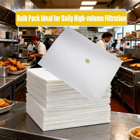 Heavy Duty Fryer Oil Filter Envelopes, 105 Pack, 18.5 X 20.5 Inch Mesh Strainers in kitchen, ideal for daily grease cleanup.