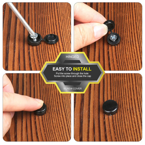 Heavy Duty Black Plastic Hinged Screw Cap Covers For 6 And 8 Hardware 150 Pack setup process on wooden surface.