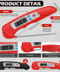 Close-up of 6 Piece Digital Meat Thermometer Set Foldable Instant Read Waterproof Probes With Magnetic Backing in red with LCD display.