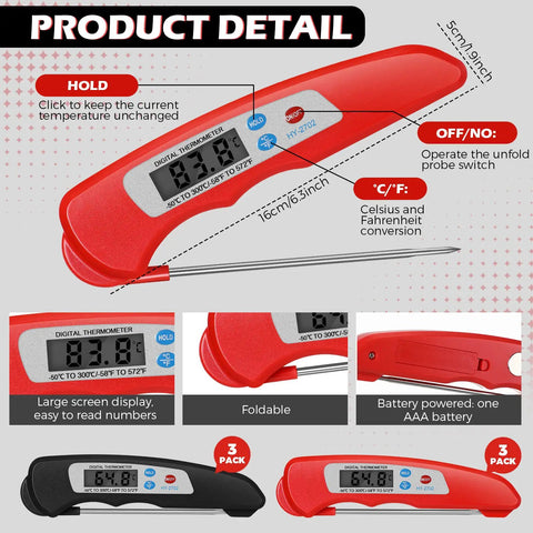 Close-up of 6 Piece Digital Meat Thermometer Set Foldable Instant Read Waterproof Probes With Magnetic Backing in red with LCD display.