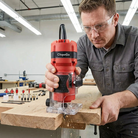 Man using 800W Palm Router Tool for woodworking compact hand trimmer with 12 piece bit set on wooden edge in workshop