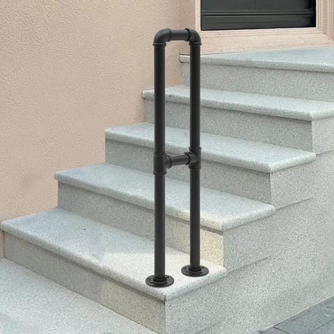 U Shaped Floor Standing Galvanized Steel Handrail on outdoor steps, providing heavy duty support and non slip grip for stability.
