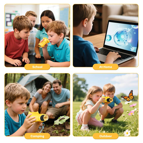 Kids using Handheld Digital Microscope For Kids With 2 Inch IPS Screen Up To 1000X Magnification Portable STEM Science Toy in different settings