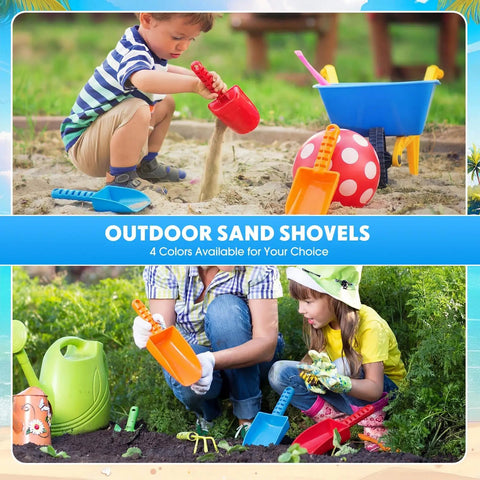 Kids using colorful 15 Pack 8 Inch Colorful Beach Sand Shovels For Kids Bulk Set Kid Friendly Sand Tools Awesome For Sensory Play