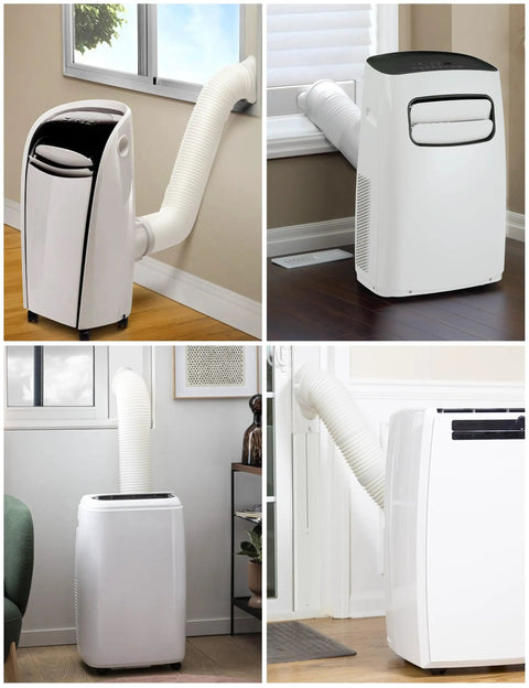 Upgraded Portable Air Conditioner Window Vent Kit With 5.9 Inch Exhaust Hose 4 Slide Seal Plates Universal Coupler in use