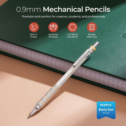Nicpro Blocky Gear 0.9 mm Mechanical Pencil Set in Metal Case with 2 Tubes 0.9 HB Lead Refills and Erasers