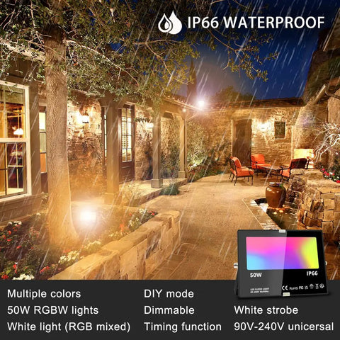 Big Time 50W RGBW LED Flood Light 2 Pack Includes Smooth Dimming Plus Handheld Remote Control 120 Vivid Shades Warm White Adjustable Timer Easy Setup For Yard Patio Weekend Vibe