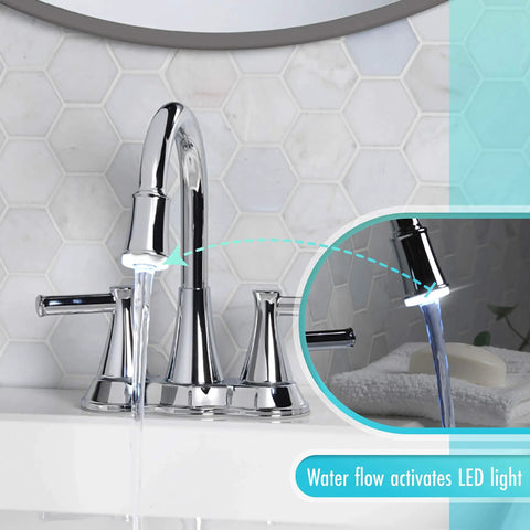 Lit Water Powered LED Light Bathroom Faucet With High Arc And Two Handles Polished Chrome Finish Modern Sink Tap That Lights Up With Water Flow