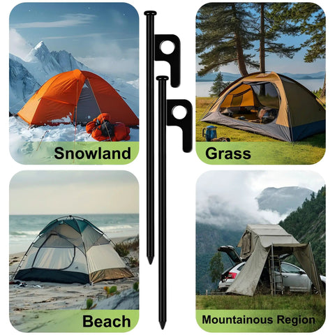 8 Pack Heavy Duty Tent Stakes Forged Steel Camping Stakes For Ground Outdoor Canopies And Tents pictured in various terrains