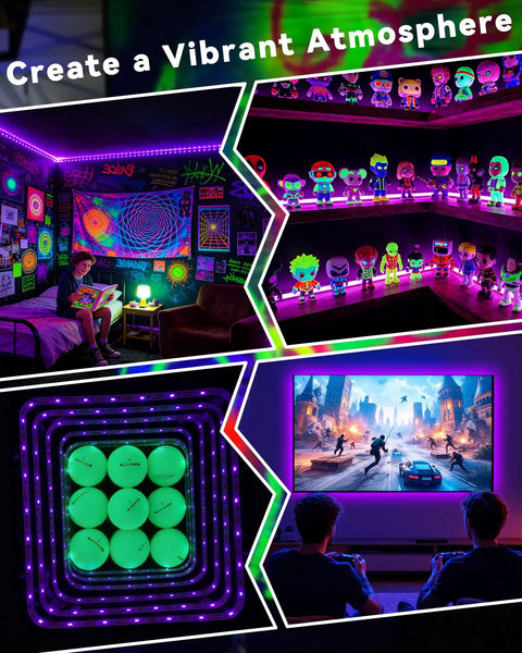 16.4Ft Black Light Strip Kit with USB Plug and Battery Box illuminating room and shelves for parties, posters, and displays.