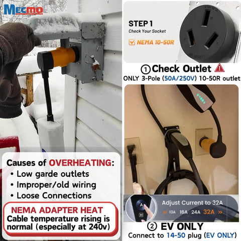 32Amp 220V Level 2 EV Charger Adapter From NEMA 10-50P To 14-50R displayed with safety instructions and usage tips.