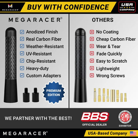 Comparison chart of Stubby Black Carbon Fiber Truck Antenna For Chevy Silverado And GMC Sierra vs others, showing features like UV resistance
