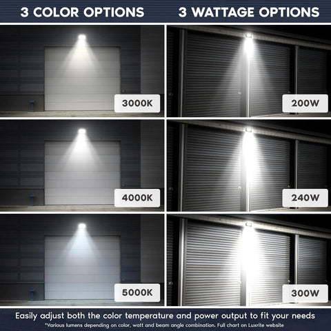 Heavy Duty LED Flood Lights Outdoor Four Pack No Fuss 3CCT Dimmable Security Lighting with adjustable color options 3000K 4000K 5000K.