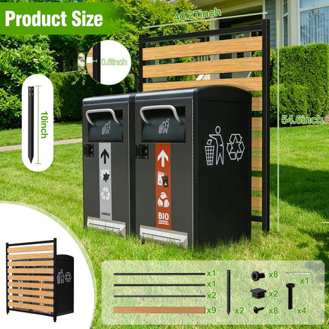 No Dig Outdoor Privacy Screen For AC Unit And Yard Gear, 40.27 Inch Wide By 54.6 Inch High Metal Fence Panel next to trash cans