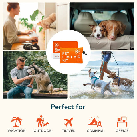 Waterproof High Visibility Dog First Aid Kit for hiking camping backpacking sports and hunting with 35 essential supplies.