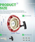 Infographic showing Pull Start Recoil Starter for Predator 212cc and 173cc, including dimensions and components like pull rope and nuts.