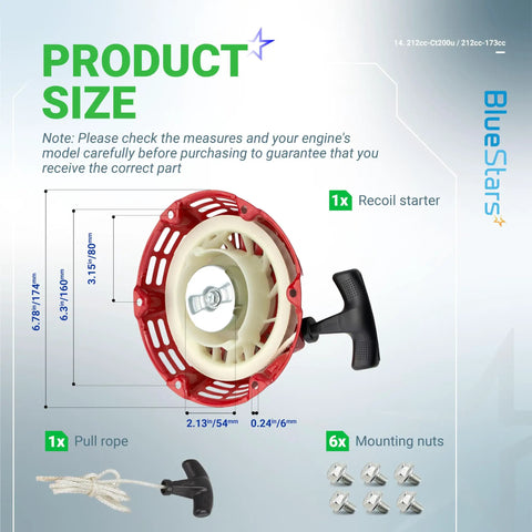 Infographic showing Pull Start Recoil Starter for Predator 212cc and 173cc, including dimensions and components like pull rope and nuts.