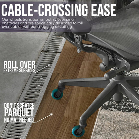 Heavy Duty Office Chair Wheels Set Of 5 Rollerblade Casters 3 Inch Thick, gliding effortlessly over different floor surfaces.