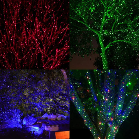 Outdoor Christmas Laser Projector Lights with remote control displaying red, green, and blue firefly effects on trees and garden.