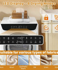 Compact Portable Washer And Dryer Combo Featuring Heated Boot Dryer Fully Automatic 28 Pound Washing Machine LED display showing drying modes.