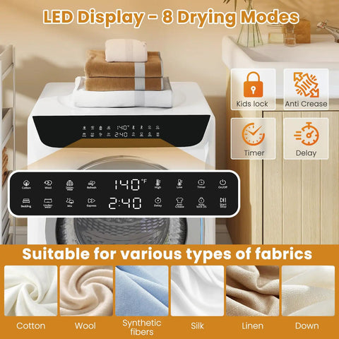Compact Portable Washer And Dryer Combo Featuring Heated Boot Dryer Fully Automatic 28 Pound Washing Machine LED display showing drying modes.