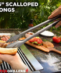 16-inch tongs from 4 Piece BBQ Grill Tools Set With Spatula Fork Tongs And Silicone Brush for outdoor grilling, holding sausage