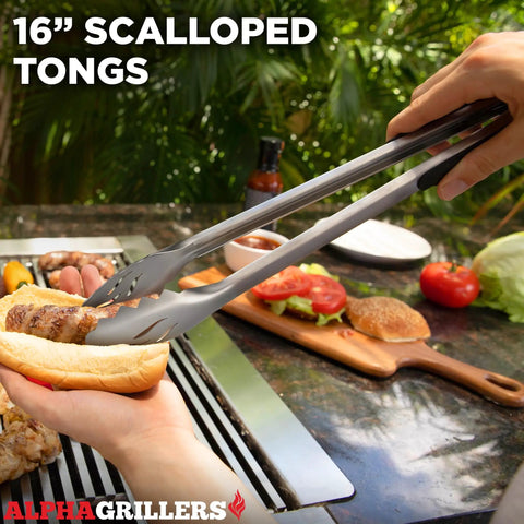 16-inch tongs from 4 Piece BBQ Grill Tools Set With Spatula Fork Tongs And Silicone Brush for outdoor grilling, holding sausage
