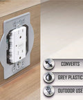 Plastic Round Box Adapter PRBA400G installed on a wooden wall, showing gray plastic material for outdoor use.