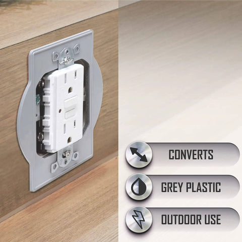 Plastic Round Box Adapter PRBA400G installed on a wooden wall, showing gray plastic material for outdoor use.