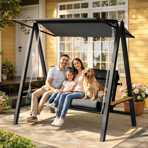 Family sitting on Three To Four Seat Porch Swing With Stand For Backyard Lounging, 990 Lbs Heavy Duty Outdoor Swing For Adults.