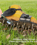 Applying stainless steel shovel on Heavy Duty Lawn Aerator Shoes with six extra spikes and upgraded T wrench for lawn care