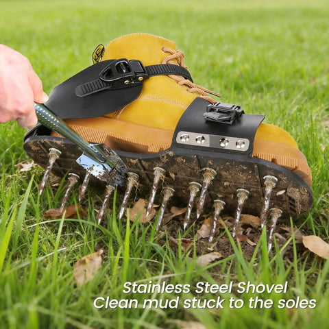 Applying stainless steel shovel on Heavy Duty Lawn Aerator Shoes with six extra spikes and upgraded T wrench for lawn care