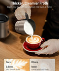 Using 4 In 1 Milk Frother And Steamer With Detachable Milk System, 500ml Capacity to pour frothy milk into a cup of coffee