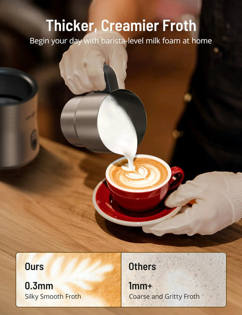 Using 4 In 1 Milk Frother And Steamer With Detachable Milk System, 500ml Capacity to pour frothy milk into a cup of coffee