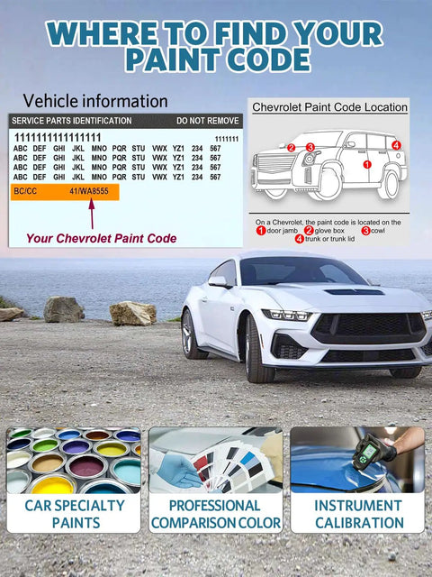 Diagram showing where to find Chevrolet paint code on car with sample paint panels and tools by a white car at the beach.