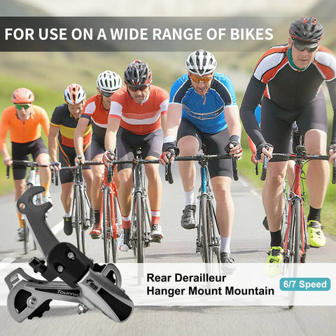 Cyclists riding with 6/7 Speed Derailleur Hanger Mount For Mountain Tricycle Commuter And Cruiser Bikes In Silver
