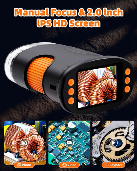 Explore Tiny Worlds With A 1000x Coin Microscope With Built In Lights 2 Inch LCD Display 8 Adjustable LEDs Portable Rechargeable Handheld Magnifier For Coins Gems Jewelry And More Works With Windows And Mac. Black handheld microscope with 2-inch LCD screen and copper coil close-up