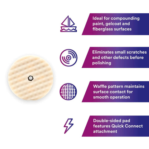 Perfect-It Foam Compounding Pad 8-Inch White with waffle texture and Quick Connect features highlighted for Pro-Level Shine.