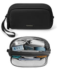 Water Resistant Dual Compartment Tech Pouch For Cables And Gadgets Grab And Go Cable Organizer Bag showing compartments and gadgets inside.