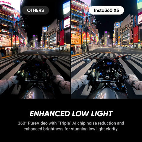 8K 360 Degree Action Camera Go To Starter Bundle With Waterproof Build showing enhanced low light comparison at night street scene