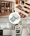 Collage of kitchen, drawers, and cabinet spaces with 12 Pack Magnetic Door Catch Kit With Heavy Duty Cabinet Magnets shown.