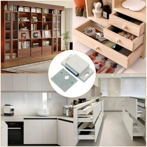 Collage of kitchen, drawers, and cabinet spaces with 12 Pack Magnetic Door Catch Kit With Heavy Duty Cabinet Magnets shown.