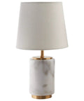 Mid Century Modern Marble And Brass Table Lamp With LED Bulb White Fabric Shade 14 Inch Tall End Table Decor Light
