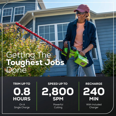 Person using 40V Cordless Hedge Trimmer With 24-Inch Steel Blades 1-Inch Cutting Capacity in garden